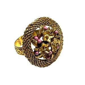 Vintage Mid Century cocktail ring golden mesh & tiny purple beads adjustable